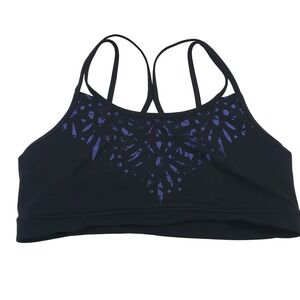 Gaiam Black Purple Abstract Leaf Print Med Sports Bra Strappy Back Athletic Yoga